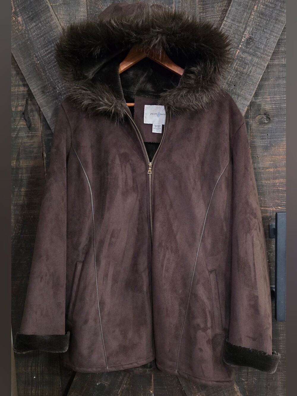 Vntg Jacyln Smith Dark Brown Faux-Suede Hooded Coat with Faux-Fur Trim Size 1X